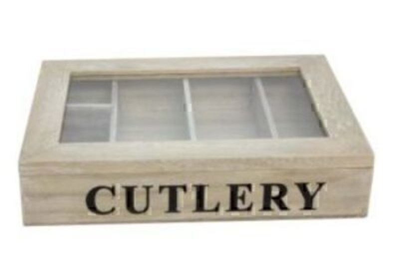 This Natural Wood Cutlery Box with a Glass Lid by designer Gisela Graham would be the perfect wedding present or new home present. Made from wood with a natural finish this cutlery box has the word Cutlery on the front. It also has a glass lid so would make a lovely feature box in the dining room or kitchen. Size: 35x7x25.5cm